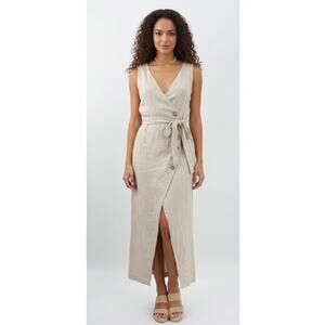 B51 Posse Linen Midi Dress S Belted Wrap Style Minimalist Vacation Neutral Chic